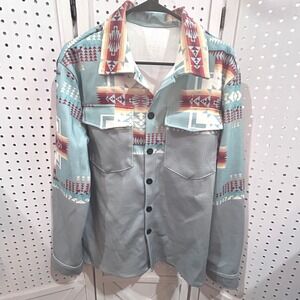MANFINITY Southwestern Geometric Print Button Down Shirt Jacket Teal Men's S